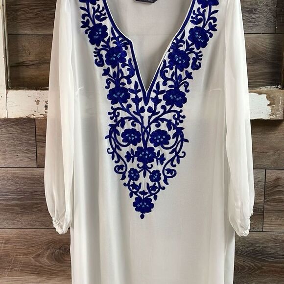 M&S Collection Women’s Sheer Tunic Swim Cover Embroidered White Royal Blue - Picture 4 of 7